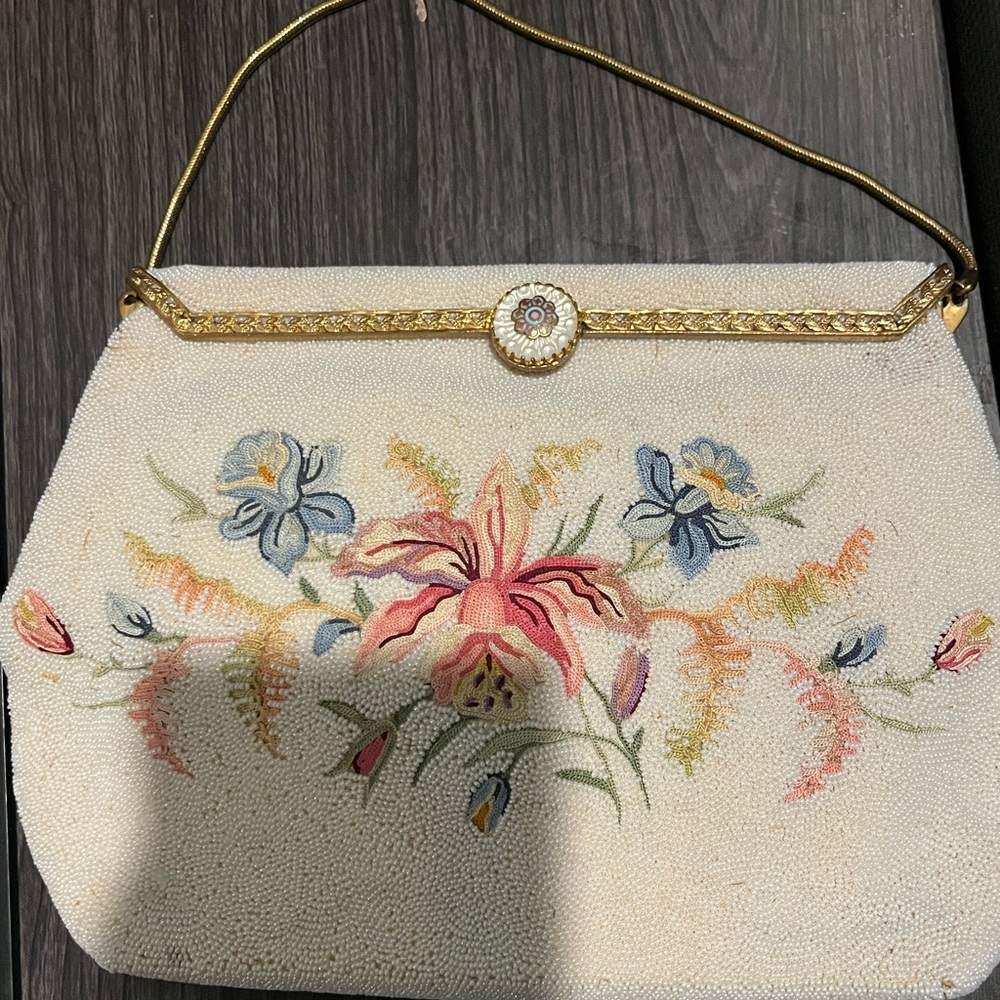 Vintage DOFAN Micro Beaded Bag Made In France, White Beaded Floral Evening Bag
